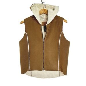 Lauren Ralph Lauren Hooded Sherpa Lined Brown Vest ~Medium~ Cozy Fleece Western